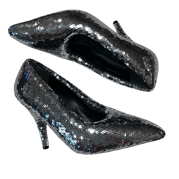 BALENCIAGA Silver Sequin Pumps Heels EU 41 US 11 Puffy Pointed Toe Sparkle NEW - Picture 7 of 16